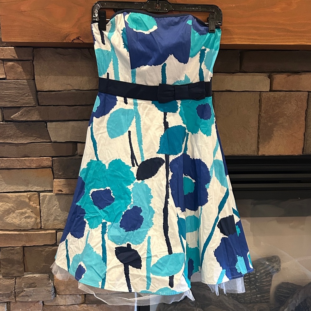 B Darlin Strapless Dress with Blue and Green Floral Design